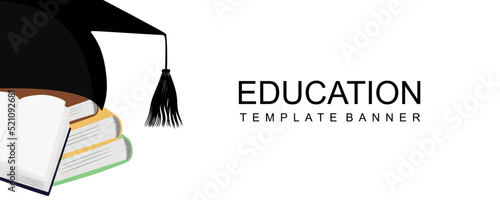 Education banner template vector illustration. Books and Square academic cap. Graduation Ceremony Graphics Education, Mastery.