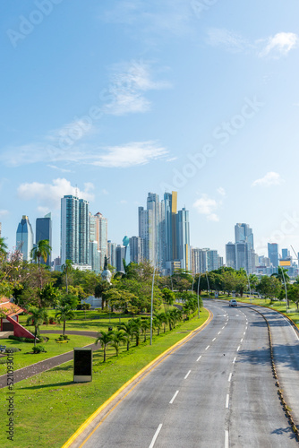 view of balboa avenue in panama city panama central america with the skyline of skyscrapers in the background