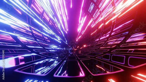 Hi-tech neon sci-fi tunel. Trendy neon glow lines form pattern and construction in mirror tunnel. Neon pattern, signal. Fly through technology cyberspace. 3d looped seamless 4k bright youth background photo
