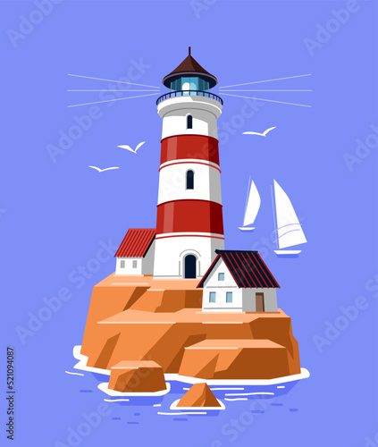 Lighthouse on rock island in sea. Seascape with beacon tower. Marine concept. Vector flat cartoon illustration