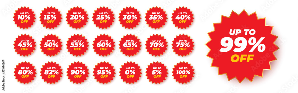 Set of vector red sticker promotion discount rates. Simple flat style labels, stickers. Set of vector red sticker promotion discount rates. Simple flat style labels, stickers.