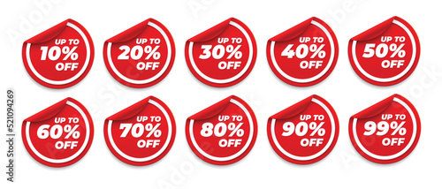 Set of vector red sticker promotion discount rates. Simple flat style labels, stickers.