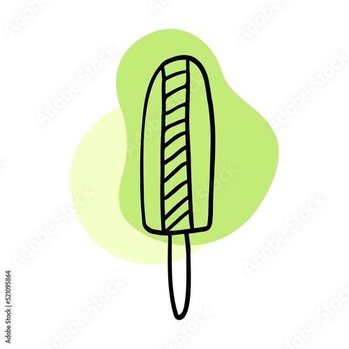 Ice cream on a stick line. Popsicle with green spots on a white background. Cute ice cream doodle. Hand drawn vector illustration.