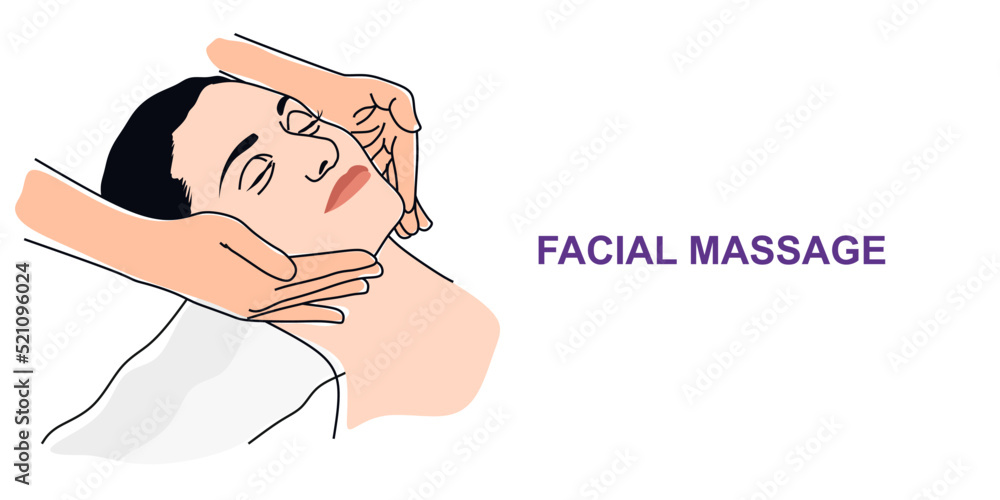 Facial massage vector. Facial massage banner template with space for text. Young woman having anti aging massage, beauty facial procedure, spa therapy vector Illustration on a white background Facial massage vector. Facial massage banner template with space for text. Young woman having anti aging massage, beauty facial procedure, spa therapy vector Illustration on a white background
