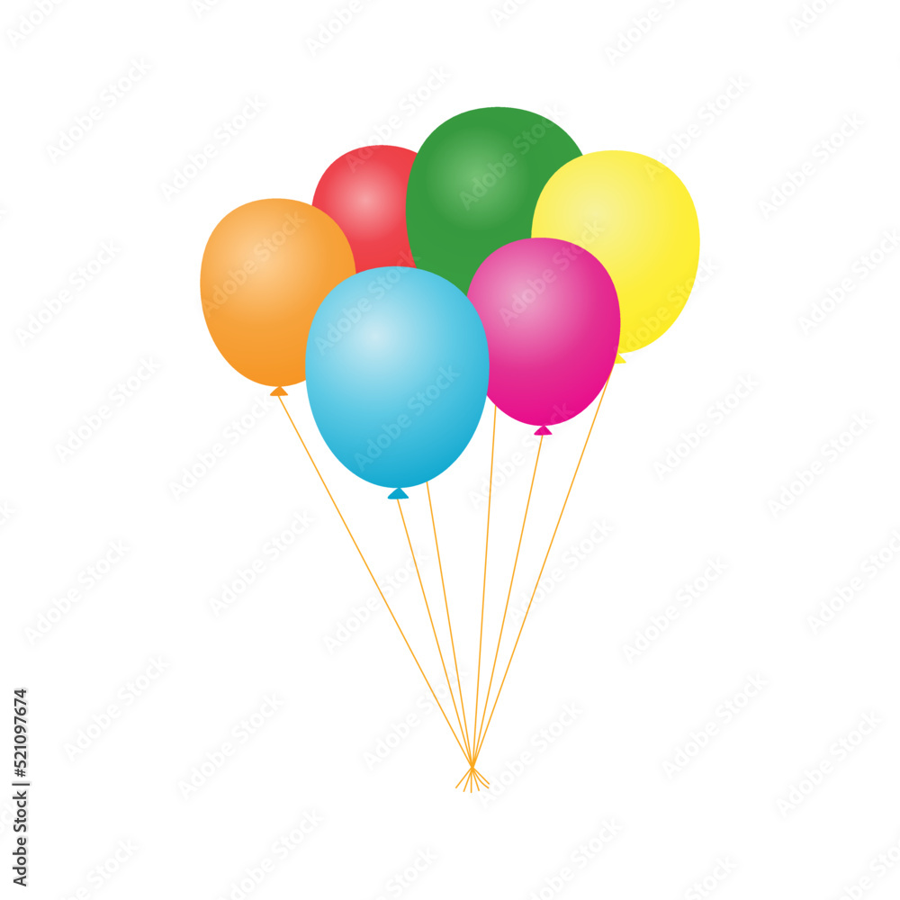Hot air balloon in cartoon style. Bouquet of balloons for birthday and party. Flying balloon with a rope. Blue, red, yellow and green balloon isolated on white background. Flat icon for celebration an Hot air balloon in cartoon style. Bouquet of balloons for birthday and party. Flying balloon with a rope. Blue, red, yellow and green balloon isolated on white background. Flat icon for celebration an