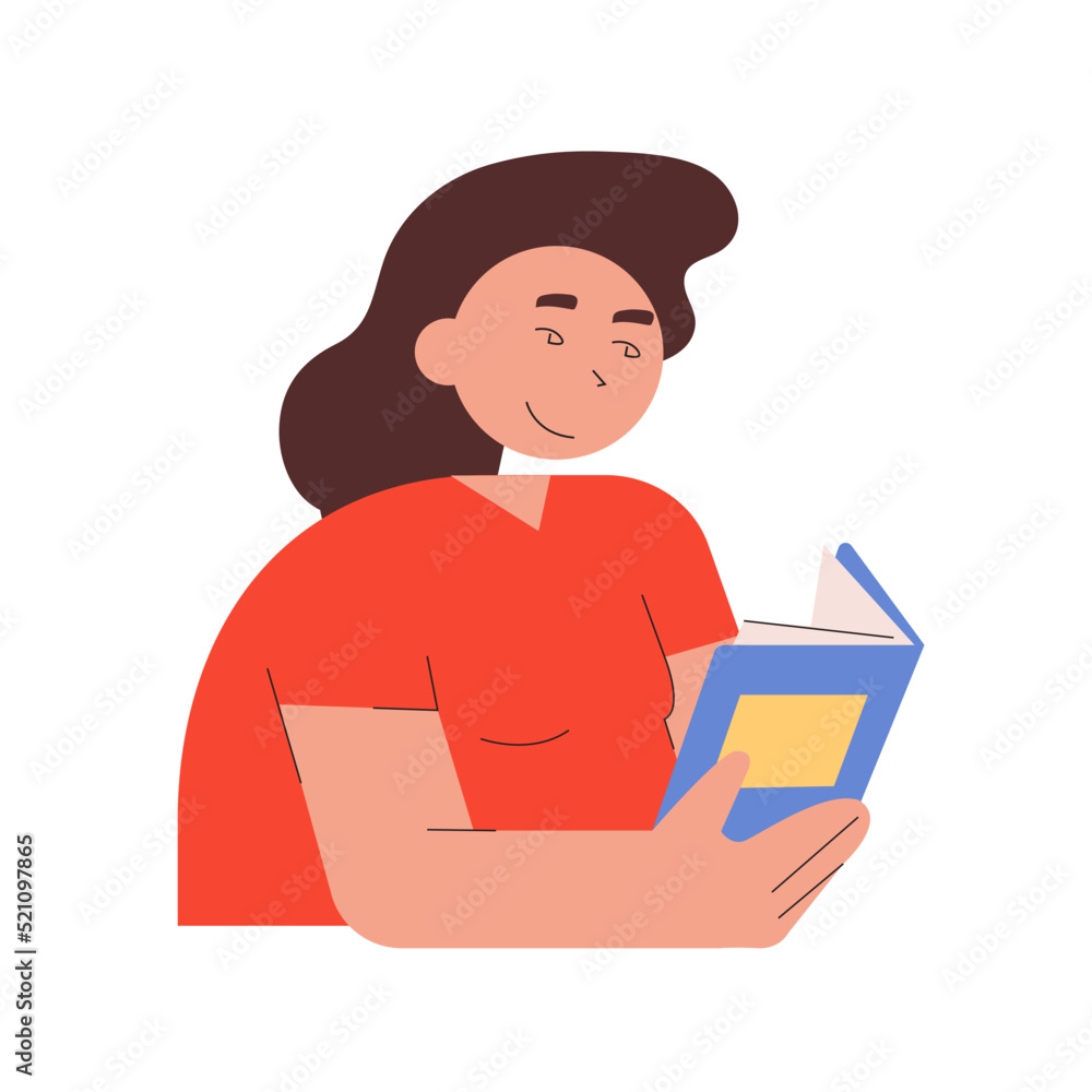 Smiling young woman is reading a book. Portrait of a modern student reading books and studying. Flat vector illustration Smiling young woman is reading a book. Portrait of a modern student reading books and studying. Flat vector illustration