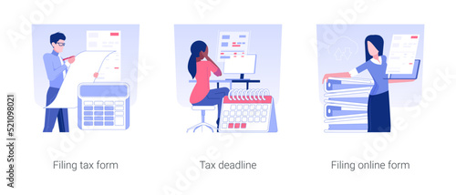 Taxes and personal finance isolated concept vector illustration set. Filing tax form, fiscal year deadline, filing online form, budget accounting, electronic financial report vector cartoon.
