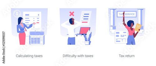 Financial report isolated concept vector illustration set. Calculating taxes, difficulty with corporate accounting, tax return, deduction paper, banking data, accountant manager vector cartoon. © Vector Juice