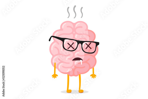 Cartoon unhealthy human brain dead. Death central nervous system mascot with glasses and crosses instead eyes. Human mind organ character feeling unwell and died. Vector eps illustration