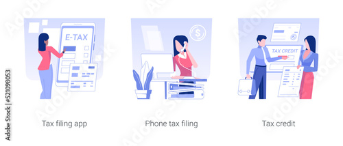 Budget planning isolated concept vector illustration set. Tax filing app, phone tax filing, credit online form, government support, money revenue, account manager, financial report vector cartoon.