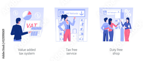 VAT system isolated concept vector illustration set. Value added tax system, tax free service, shopping in airport duty free shop, financial report, discount goods, money refund vector cartoon.