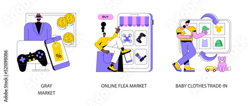 Second hand trade abstract concept vector illustration set. Gray market, online flea market, baby clothes trade-in, used goods, resale shop, vintage marketplace, antique auction abstract metaphor.