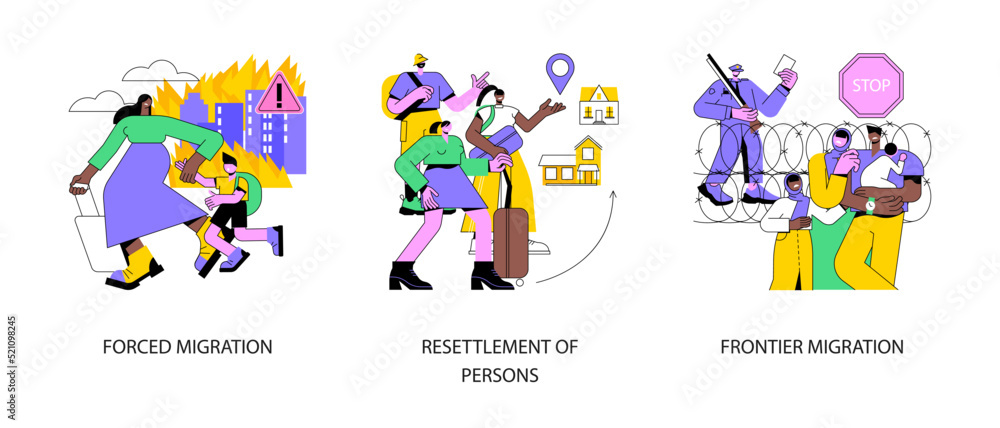 Moving abroad abstract concept vector illustration set. Forced displacement, resettlement of persons, frontier migration, refugee camp, border patrol control, immigrant abstract metaphor.