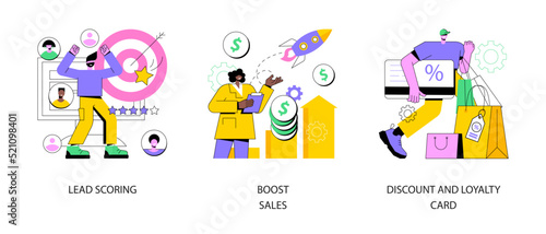 Customer engagement abstract concept vector illustration set. Lead management, boost sales plan, discount and loyalty card, customer service, digital marketing strategy, promo abstract metaphor.