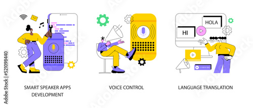 Voice assistant abstract concept vector illustration set. Smart speaker apps development, voice control, language translation, speech recognition software technology, hands-free abstract metaphor. © Vector Juice