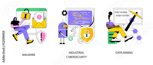 Spyware development abstract concept vector illustration set. Malware and computer virus, industrial cybersecurity, data mining, antivirus security and protection, cyber attack abstract metaphor.