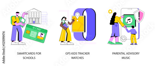 Child security abstract concept vector illustration set. Smartcards for schools, GPS kids tracker watches, parental advisory music, school attendance system, parental control abstract metaphor.
