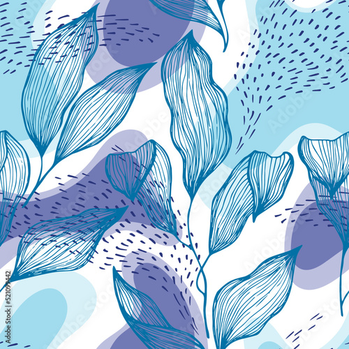 Sketch style doodle line texture leaves over stains and dots seamless vector pattern organic design.