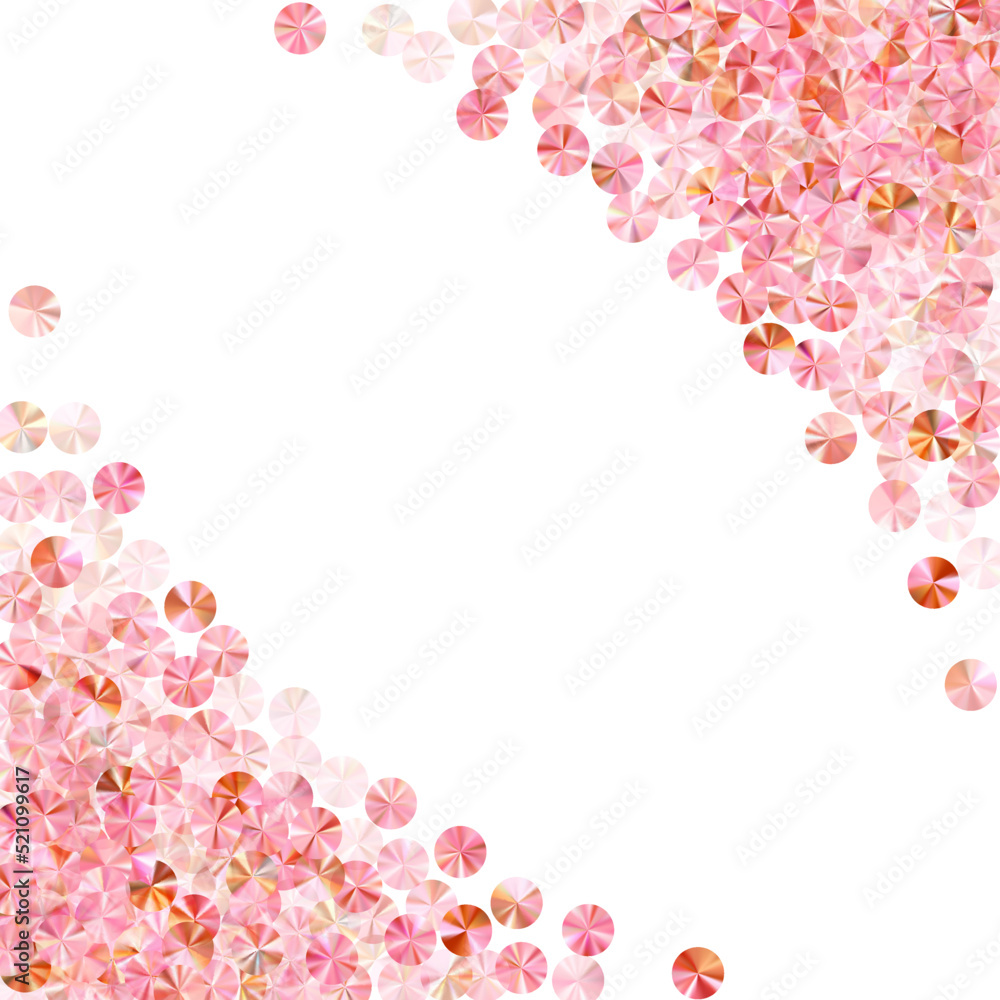 Fototapeta premium Pink gold tinsels confetti scatter vector background. Birthday anniversary greeting card background. Delicate glowing bead elements party decor. Birthday celebration confetti.