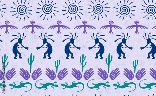 Canvas Print Kokopelli with flute, pangolin, hawk, sun symbol, hands and plant tribal vector seamless pattern
