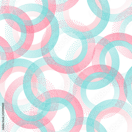 Circle ring shapes of dots contemporary vector seamless pattern.
