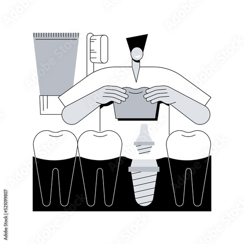 Teeth dentures implants abstract concept vector illustration. Denture implant, teeth whitening, tooth permanent replacement, cosmetic dentistry, orthodontic care procedure abstract metaphor.
