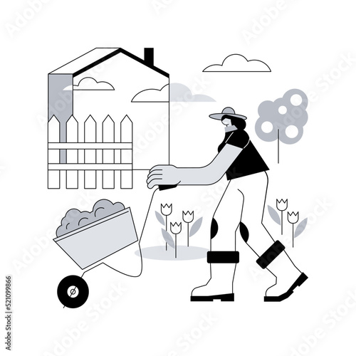 Garden maintenance abstract concept vector illustration. Lawn mowing and fertilization, waste and weed removal, cutting dry diseased branch, shaping plants, landscaping abstract metaphor.