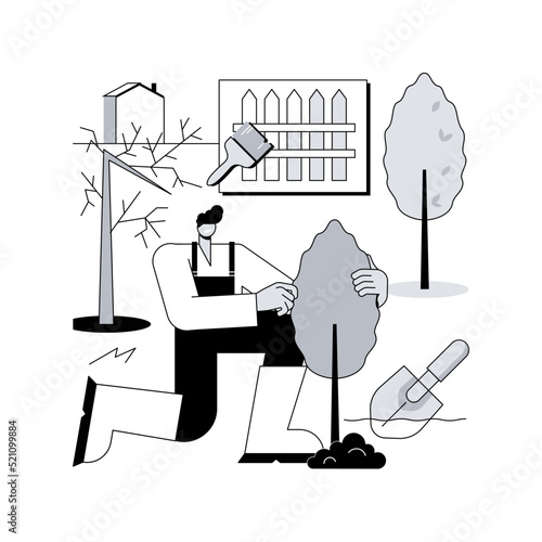 Garden renovation abstract concept vector illustration. Landscaping service, garden maintenance, planting and seeding, flower bed, trees and shrubs, hedge trimming, lawn mowing abstract metaphor.