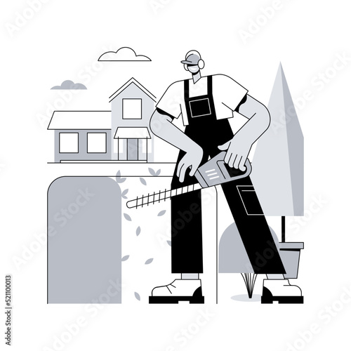 Hedge trimming abstract concept vector illustration. Hand shears, dead wood, remove branches, shape trees and shrubs, hedge clipper, landscape maintenance, laser level abstract metaphor.