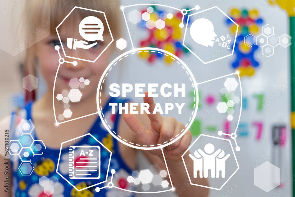 Concept of speech therapy. Teach child to talk. Speech Pathology, Improve Language, Development Delay, Speaking Disability, Tongue Exercise. Dyslexia, Stuttering Treatment. Speech Therapist Therapy. - obrazy, fototapety, plakaty 