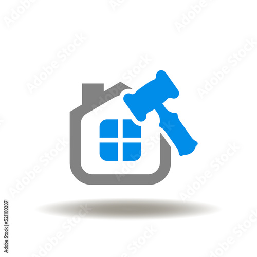 Vector illustration of house with gavel. Icon of legacy, probate. Symbol of house law.
