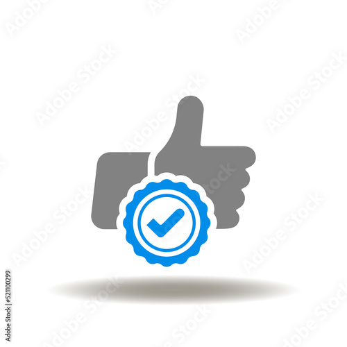 Vector illustration of thumb up and stamp with check mark. Icon of GMP Goods Manufacturing Practice.