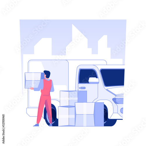 Truck loading isolated concept vector illustration. Full service movers unloading belongings from truck, real estate business, packages transportation, courier services vector concept.