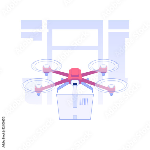 Drone isolated concept vector illustration. Guided aerial vehicle at factory, wholesale and warehousing business, foreign trade, automated guided drone vehicle in stock vector concept.