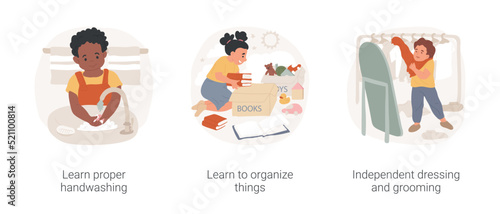 Self-care and personal hygiene skills for kids isolated cartoon vector illustration set. Learn proper handwashing, learn to organize things, independent dressing and grooming vector cartoon.