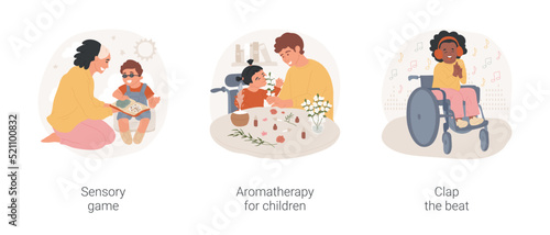Developmental activities in homebased daycare isolated cartoon vector illustration set. Sensory game, aromatherapy for disabled children, clap the beat, in-home caregiver service vector cartoon.