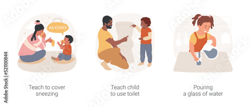 Self-care skills development in home-based daycare isolated cartoon vector illustration set. Teach to cover sneezing and to use toilet, pouring a glass of water, personal hygiene vector cartoon.