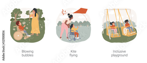 Outdoor games for disabled kids isolated cartoon vector illustration set. Blowing bubbles, kite flying, Inclusive playground, fun motor activity, early home education, special needs vector cartoon.