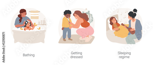 In-home caregiver service isolated cartoon vector illustration set. Nanny bathing a child, help toddler to get dressed, sleeping regime, bedtime lullaby, in-home help with kids vector cartoon.