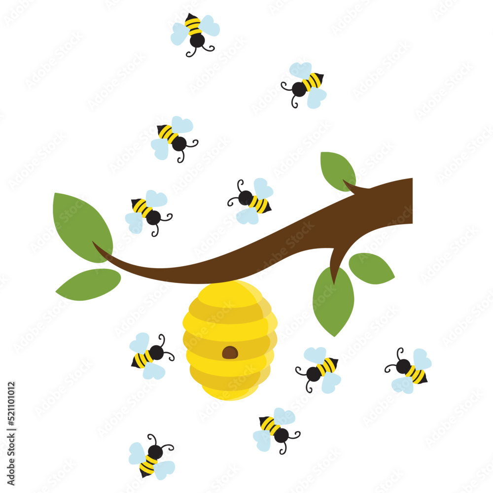 Bee hive on a branch and flying bees vector cartoon illustration Stock ...