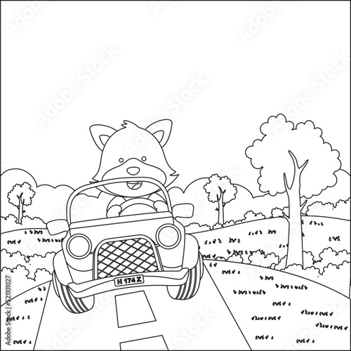 Cute little fox cartoon having fun driving off road car on sunny day. Cartoon isolated vector illustration, Creative vector Childish design for kids activity colouring book or page.