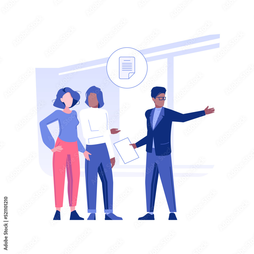 Searching for office isolated concept vector illustration. Business partners looking for new office, real estate agent work, broker showing large space to customers vector concept.
