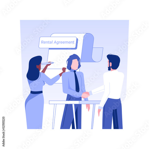 Signing rental agreement isolated concept vector illustration. Business partners sign contract about office space rental, real estate office successful deal, meeting with broker vector concept.