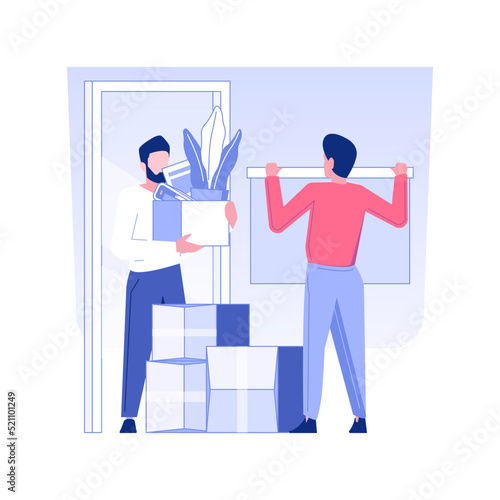 Moving in a new office isolated concept vector illustration. Group of people with boxes settling in a new office, corporate business, relocation and unpacking process vector concept.