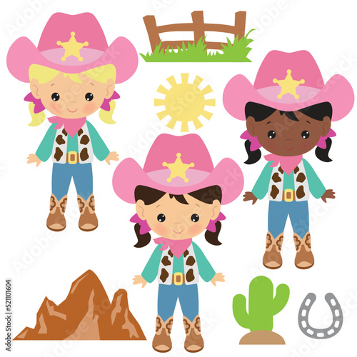 Cute little cowgirl vector cartoon illustration
