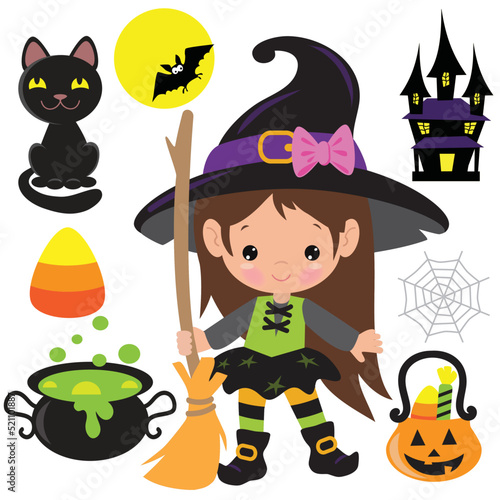 Cute little Halloween witch vector cartoon illustration
