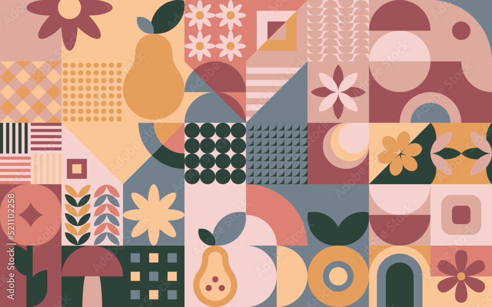 Geometryczna kompozycja - kolorowa jesienna mozaika z jabłkiem, gruszką i kwiatami. Powtarzający się wzór w stylu neo geometry do zastosowania jako tło do projektów. - obrazy, fototapety, plakaty 