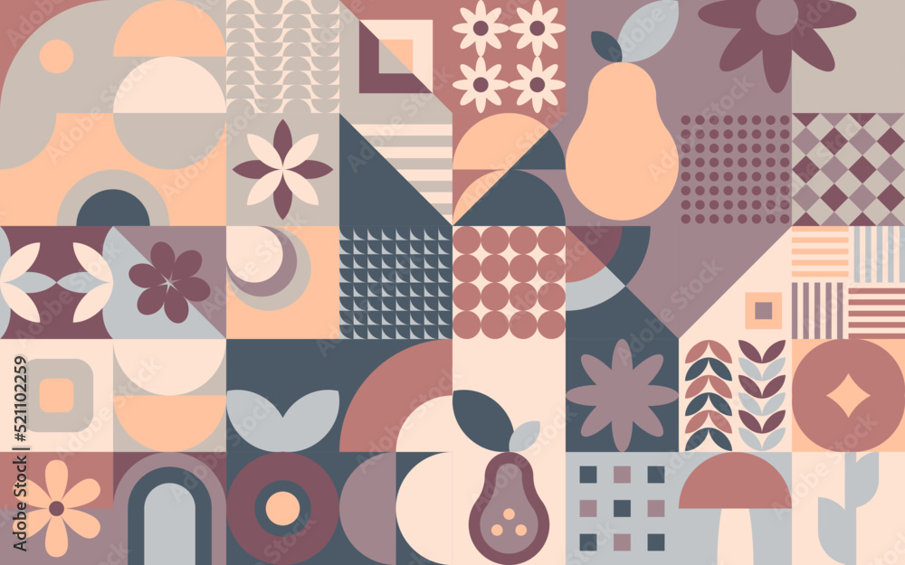 Fototapeta premium Geometryczna kompozycja - kolorowa jesienna mozaika z jabłkiem, gruszką i kwiatami. Powtarzający się wzór w stylu neo geometry do zastosowania jako tło do projektów.