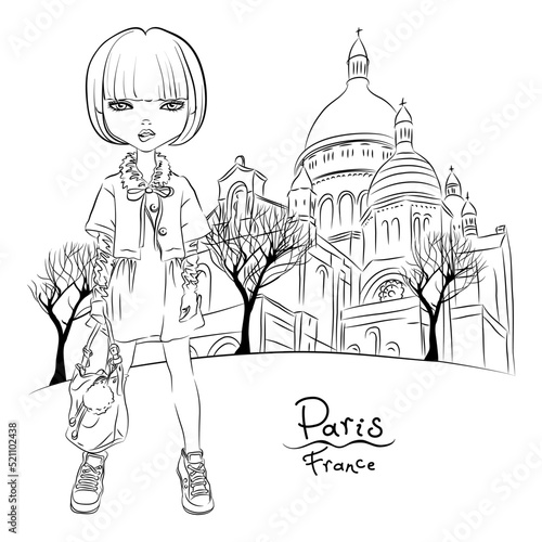 Vector cute girl in quarter Montmartre  Paris  France. Black and white illustration for coloring book.