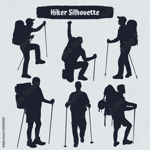 Collection of Hiker in mountains silhouettes in different poses